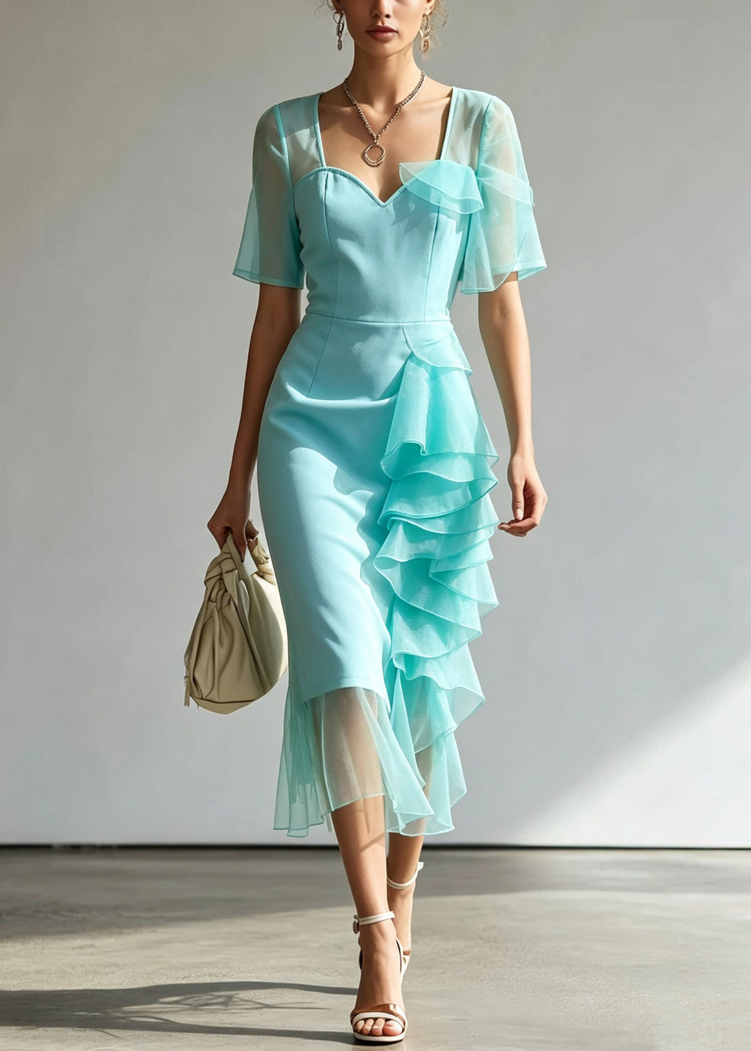 Style Light Green Tulle Patchwork Solid Maxi Dress Short Sleeve