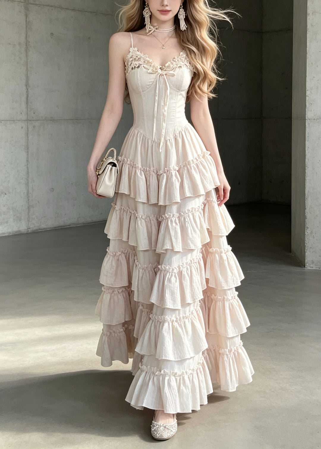 Style Light Pink Ruffled Patchwork Cotton Spaghetti Strap Dresses Summer