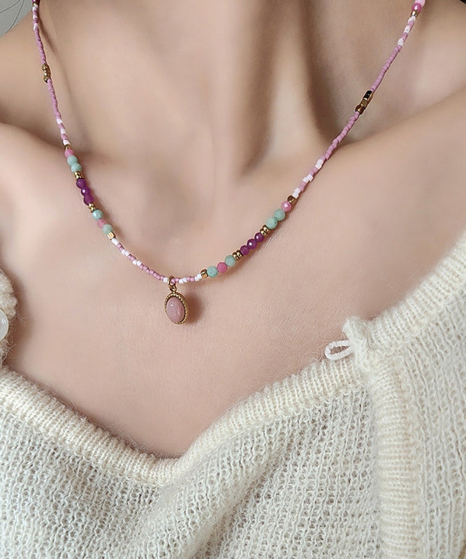 Style Light Purple Stainless Steel Zircon Agate Beading Pendant Necklace