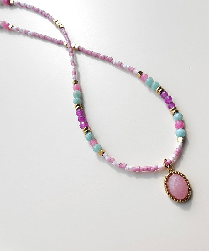 Style Light Purple Stainless Steel Zircon Agate Beading Pendant Necklace