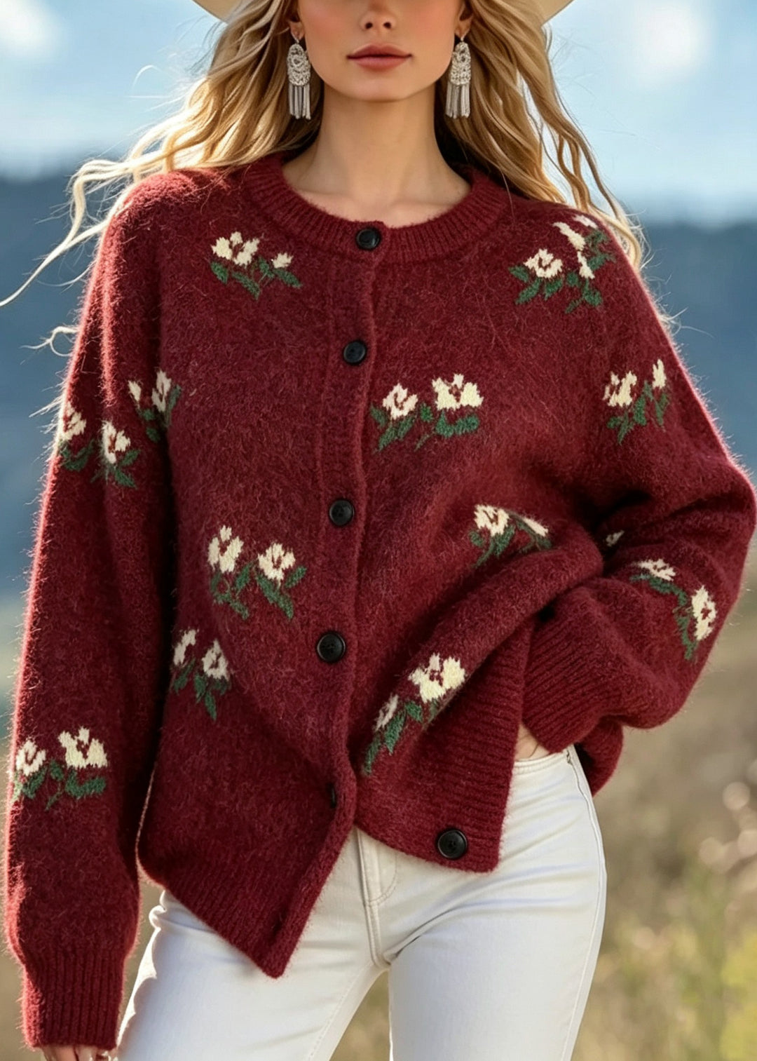 Style Mulberry O Neck Button Jacquard Knit Cardigans Fall