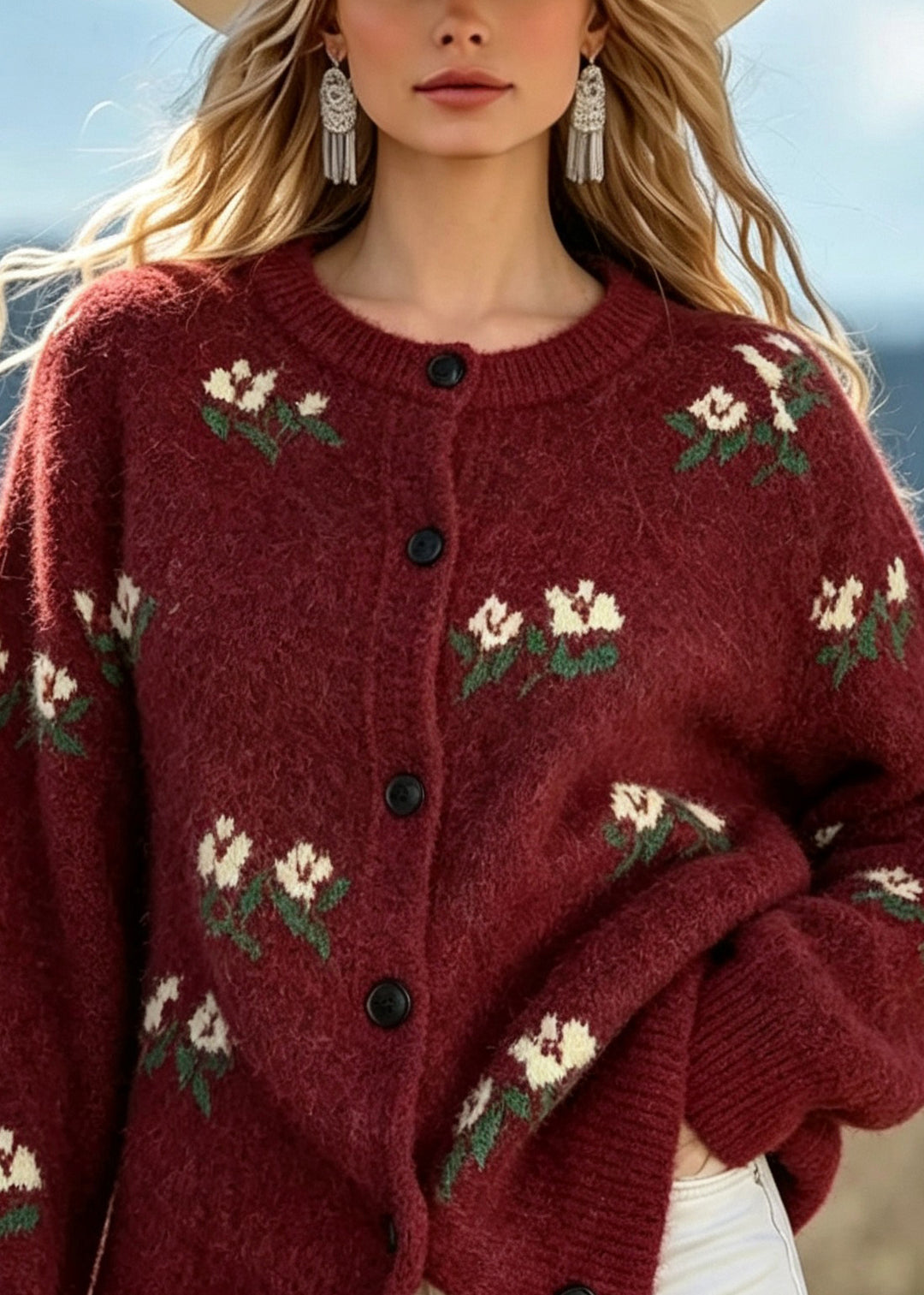 Style Mulberry O Neck Button Jacquard Knit Cardigans Fall