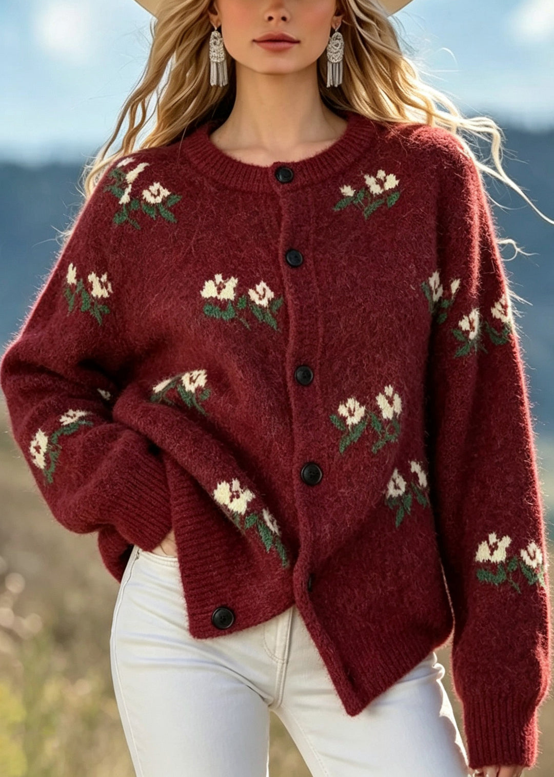 Style Mulberry O Neck Button Jacquard Knit Cardigans Fall