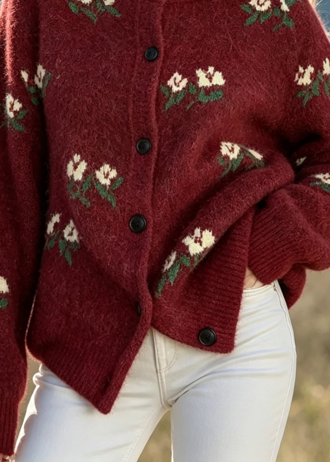 Style Mulberry O Neck Button Jacquard Knit Cardigans Fall