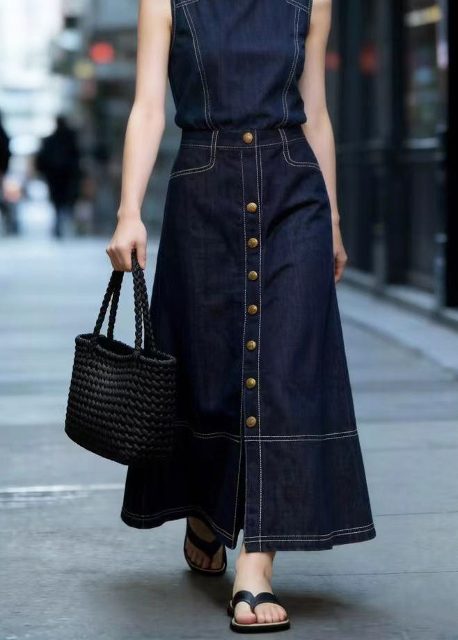 Style Navy High Waist Side Open Denim A Line Skirt Spring