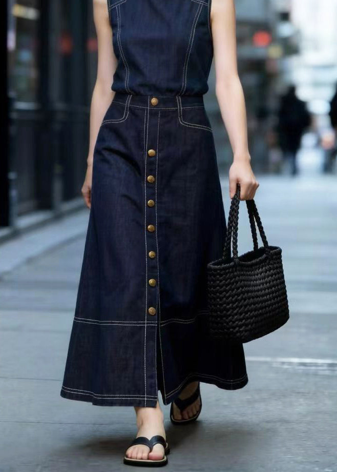 Style Navy High Waist Side Open Denim A Line Skirt Spring