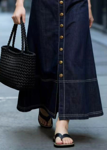 Style Navy High Waist Side Open Denim A Line Skirt Spring