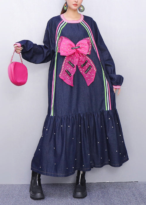 Style Navy Oversized Butterfly Nail Bead Denim Robe Dresses Spring