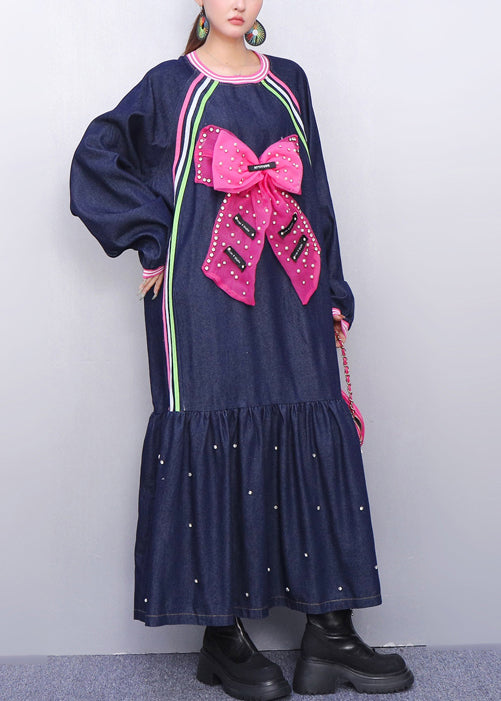 Style Navy Oversized Butterfly Nail Bead Denim Robe Dresses Spring