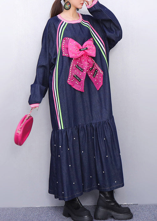 Style Navy Oversized Butterfly Nail Bead Denim Robe Dresses Spring