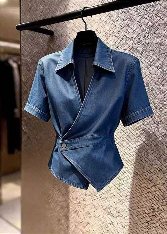 Style Navy Peter Pan Collar Patchwork Denim Shirt Summer