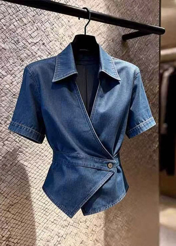 Style Navy Peter Pan Collar Patchwork Denim Shirt Summer
