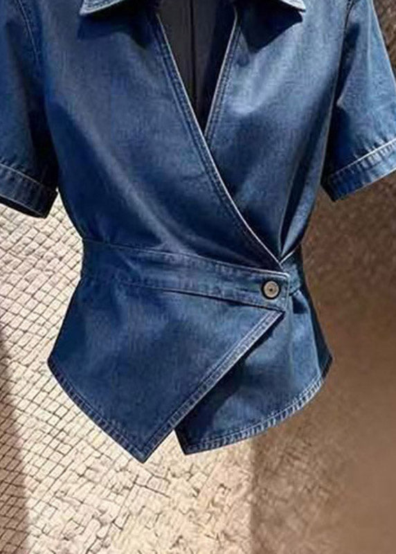 Style Navy Peter Pan Collar Patchwork Denim Shirt Summer