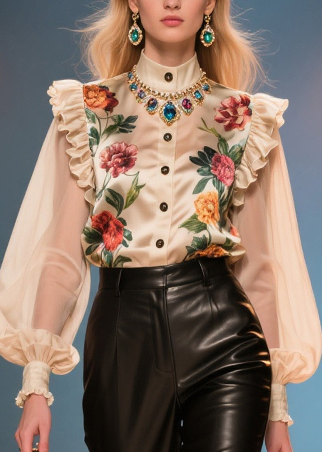 Style Nude Ruffled Patchwork Print Silk Blouses Summer