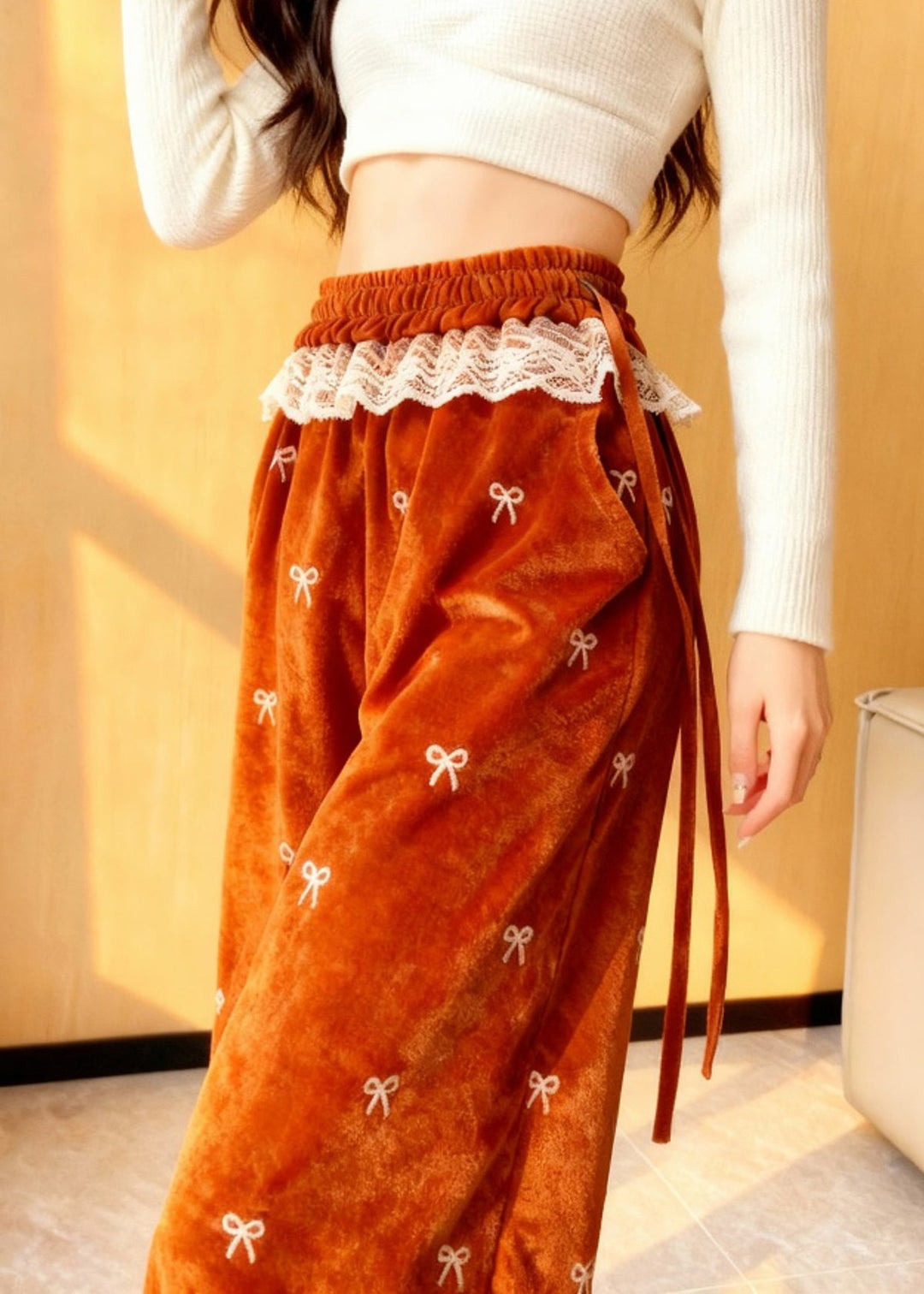 Style Orange Bow Lace Patchwork Silk Velvet Pants Winter