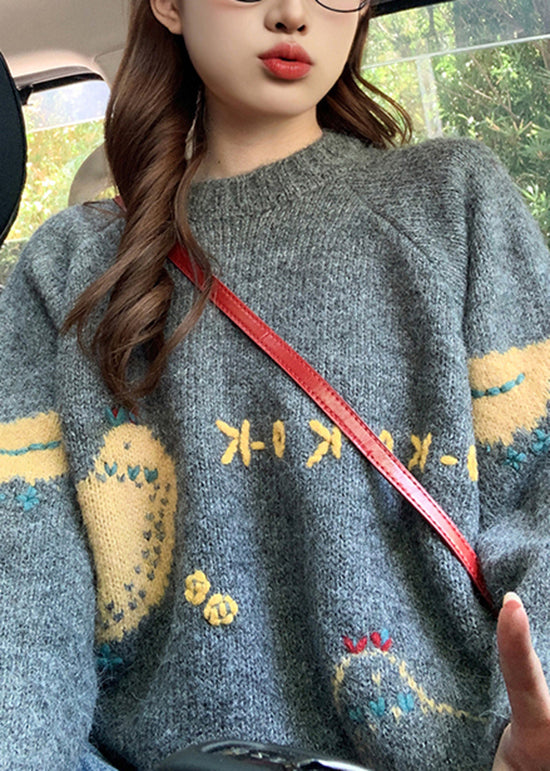 Style Orange O Neck Character Knit Sweater Tops Fall