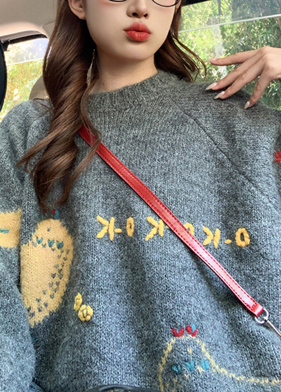 Style Orange O Neck Character Knit Sweater Tops Fall