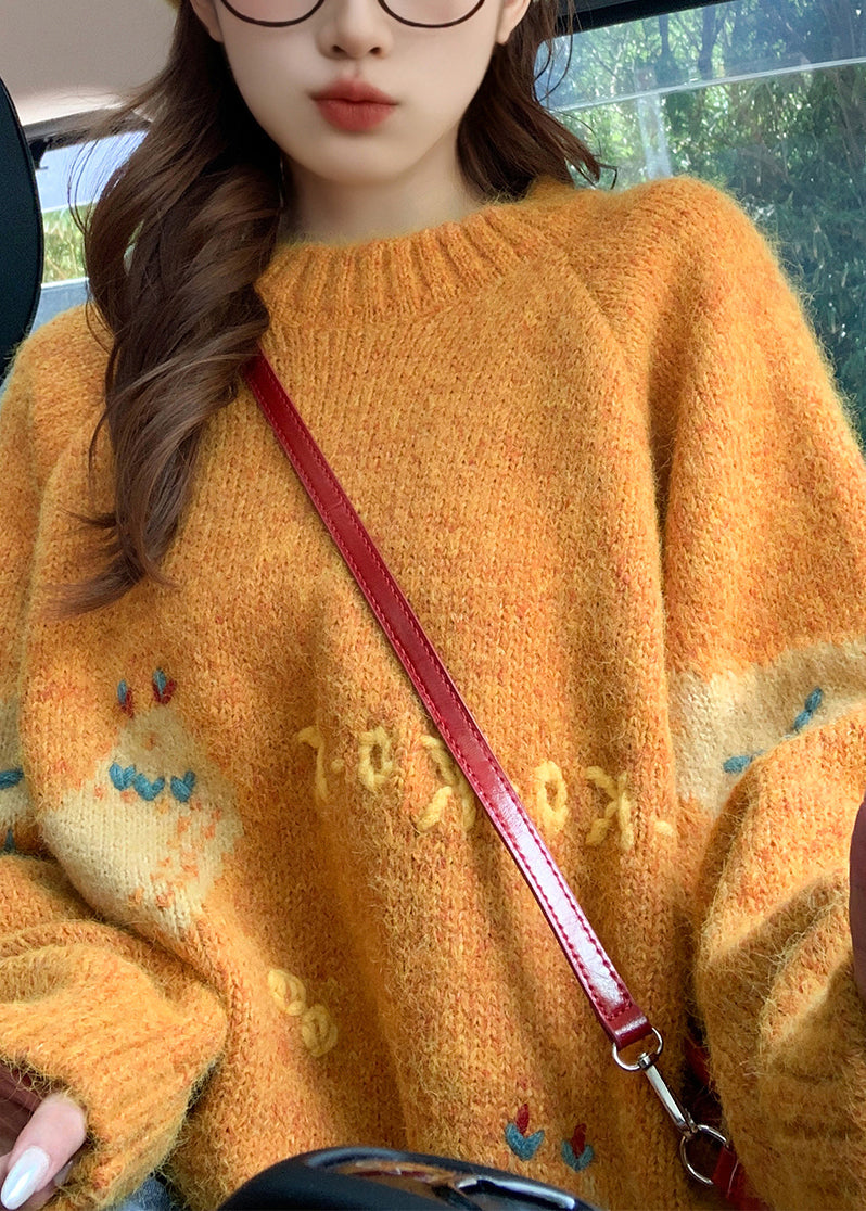 Style Orange O Neck Character Knit Sweater Tops Fall