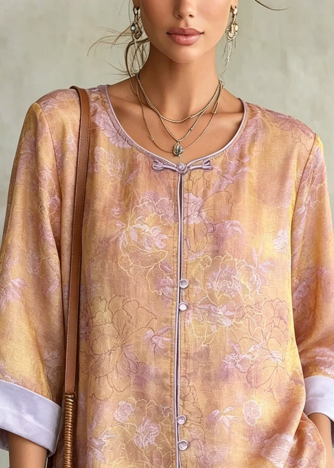 Style Orange O-Neck Patchwork Silk Shirts Fall