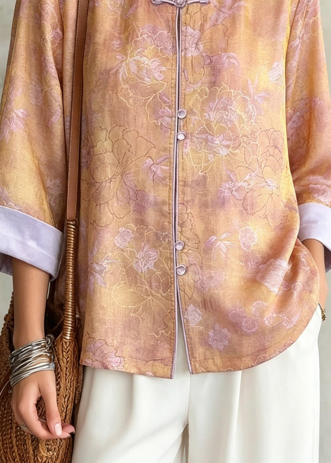 Style Orange O-Neck Patchwork Silk Shirts Fall