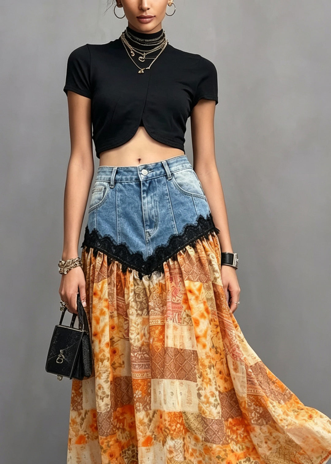 Style Orange Pockets Lace Denim Patchwork Cotton Skirt Summer