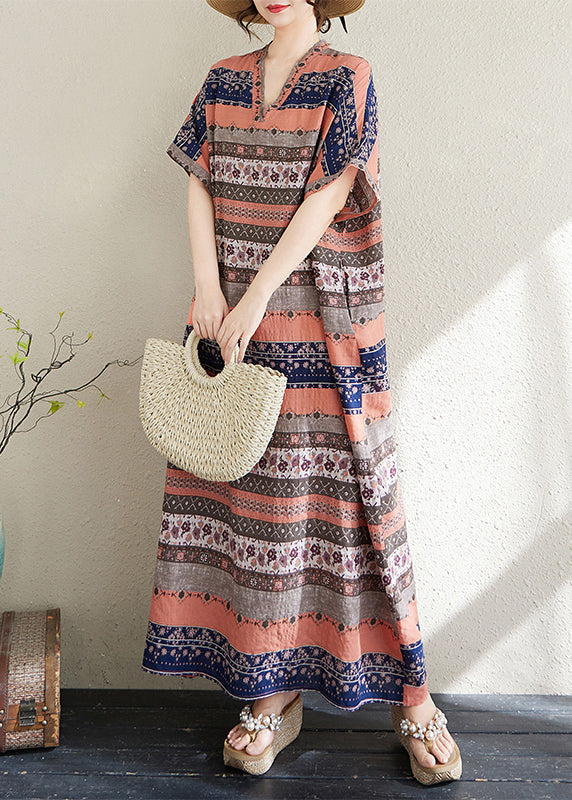 Style Orange Print Oversized Striped Cotton Long Dresses Summer