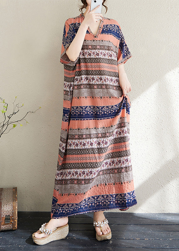 Style Orange Print Oversized Striped Cotton Long Dresses Summer