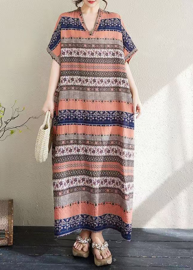 Style Orange Print Oversized Striped Cotton Long Dresses Summer