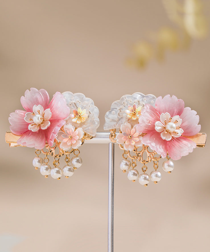 Style Pink Copper Overgild Pearl Resin Tassel Girls A Pair Hairpin