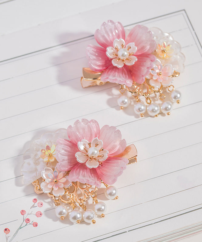 Style Pink Copper Overgild Pearl Resin Tassel Girls A Pair Hairpin