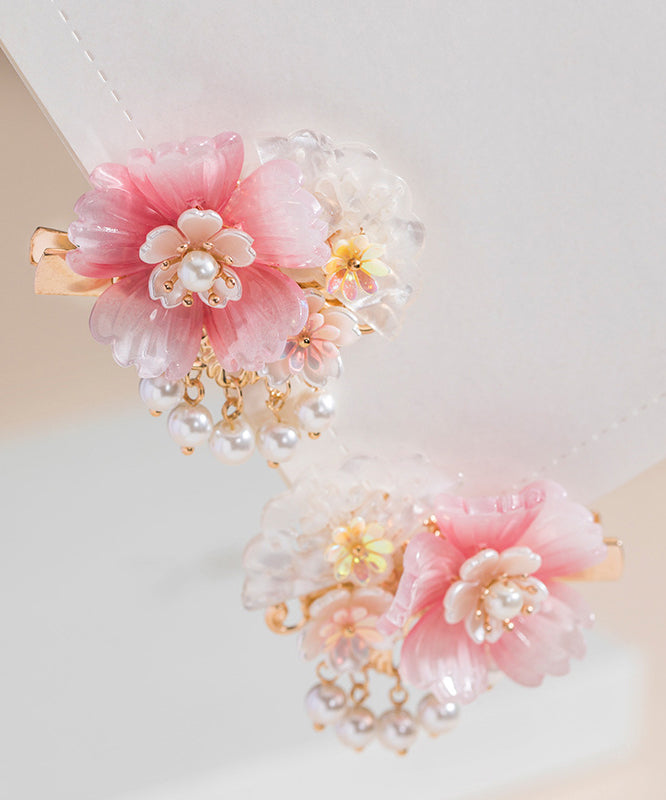 Style Pink Copper Overgild Pearl Resin Tassel Girls A Pair Hairpin