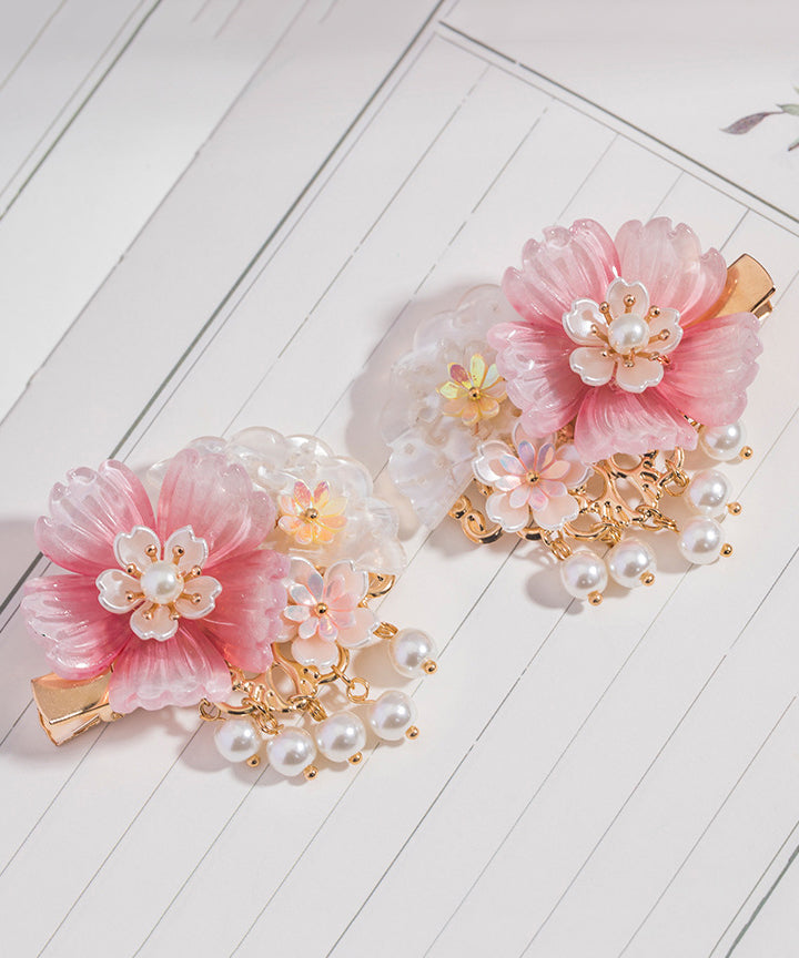 Style Pink Copper Overgild Pearl Resin Tassel Girls A Pair Hairpin