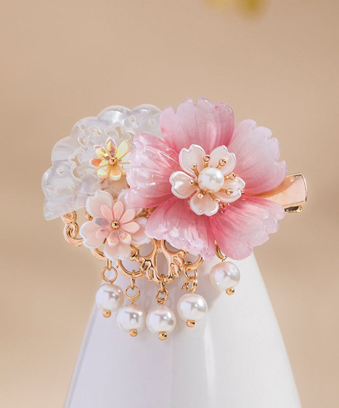 Style Pink Copper Overgild Pearl Resin Tassel Girls A Pair Hairpin