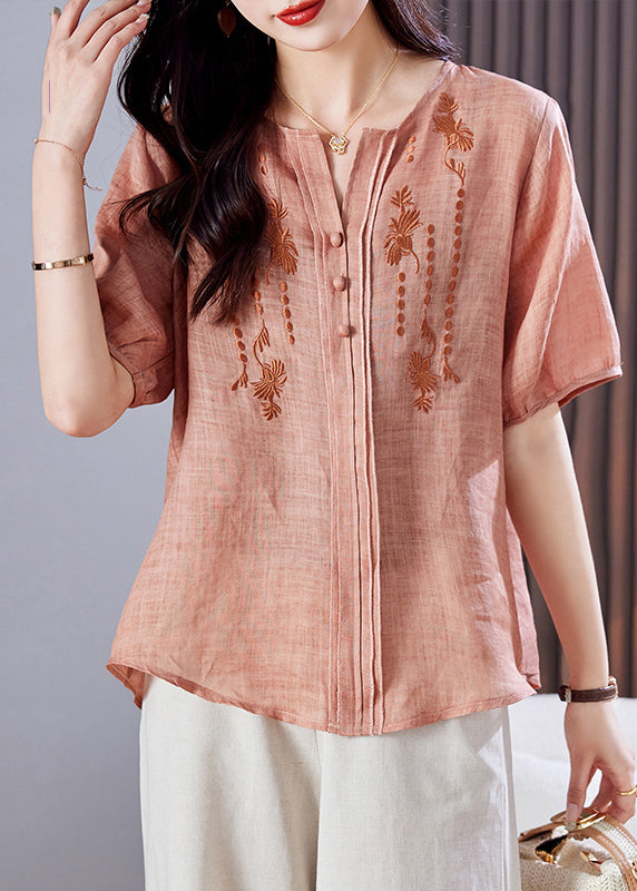 Style Pink Embroidered Linen Shirt Top Summer