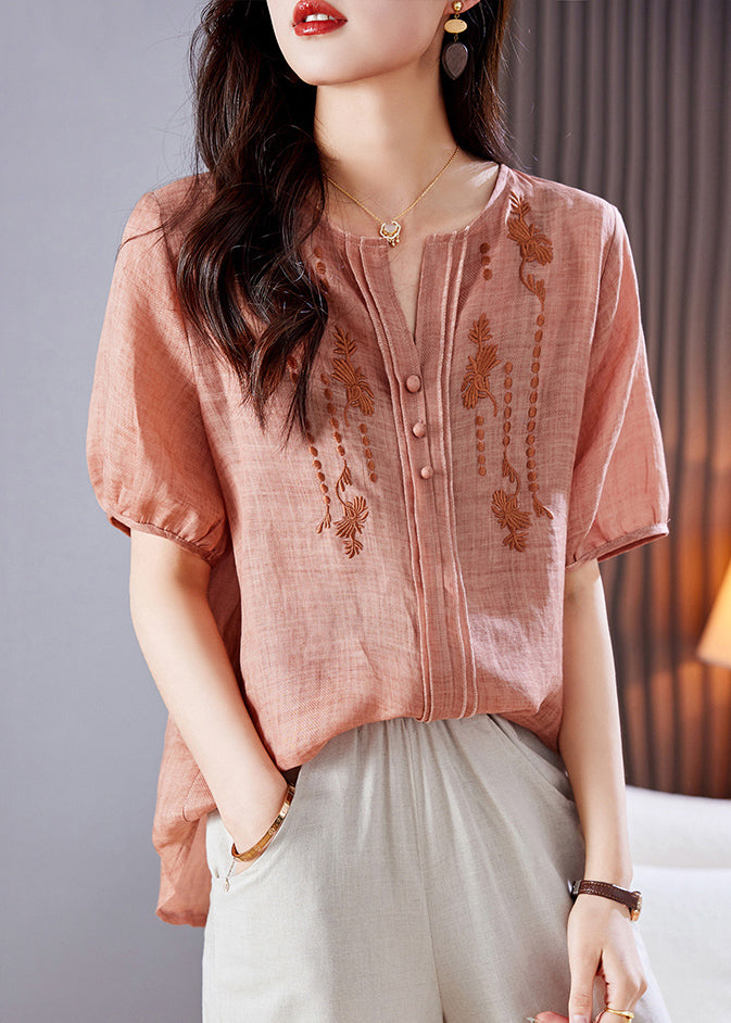 Style Pink Embroidered Linen Shirt Top Summer