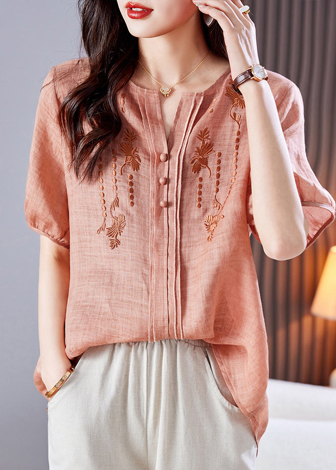 Style Pink Embroidered Linen Shirt Top Summer