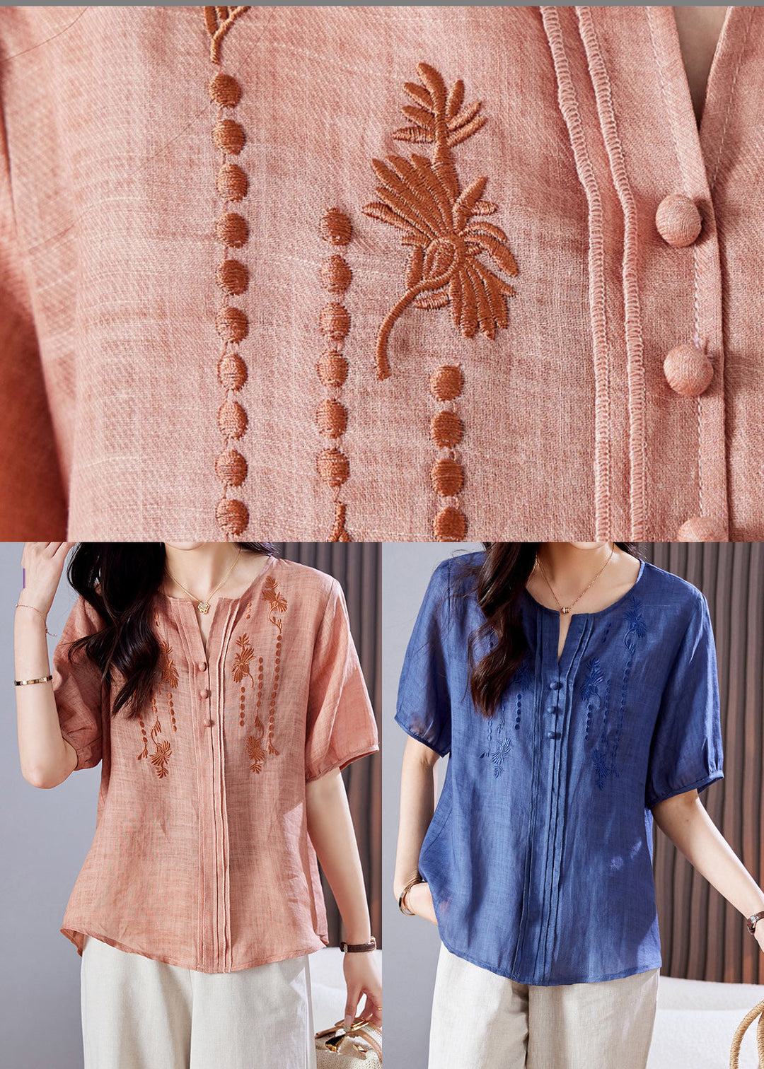 Style Pink Embroidered Linen Shirt Top Summer