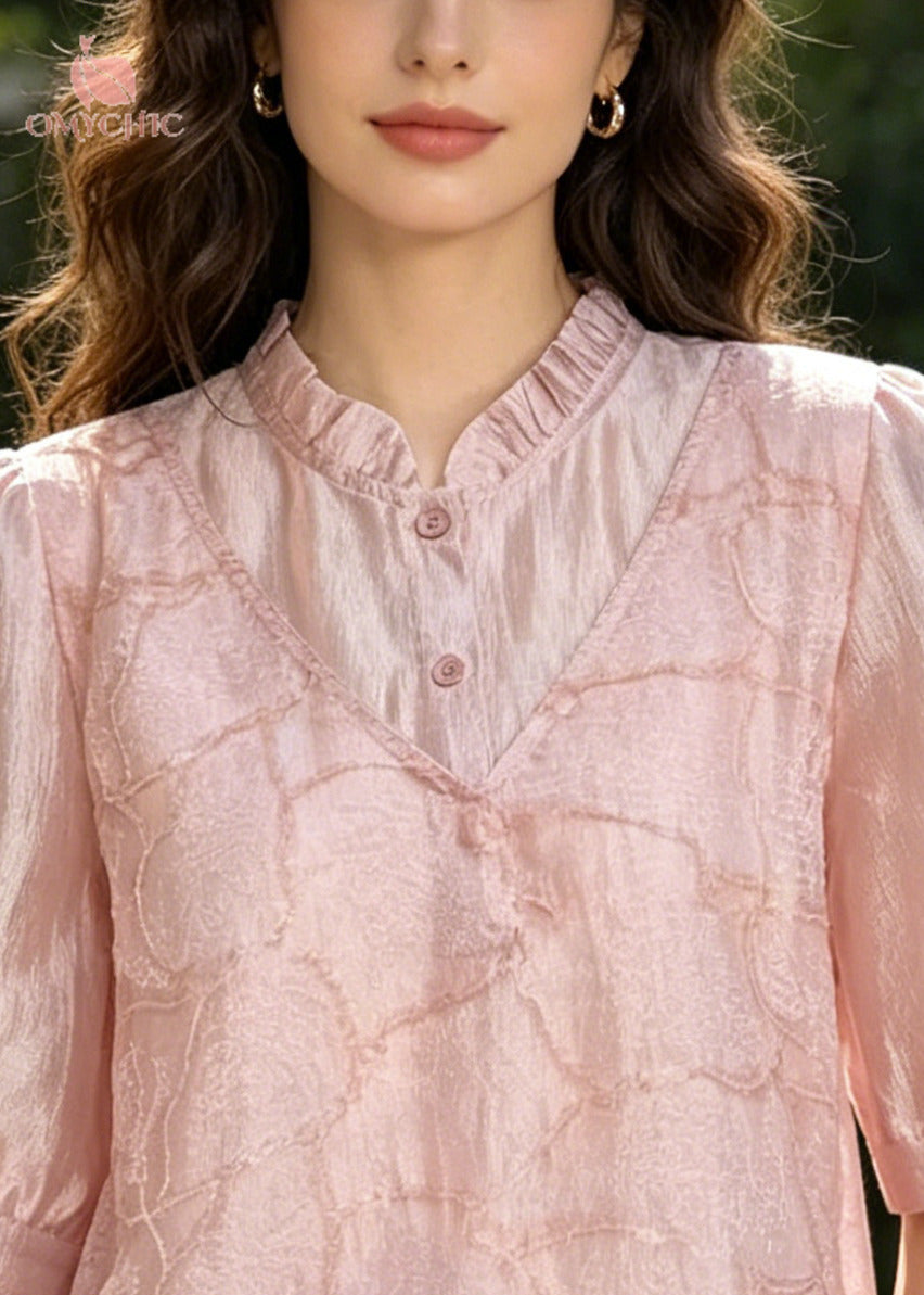 Style Pink Embroidered U Neck Silk Fake Two Piece Shirt Top Summer
