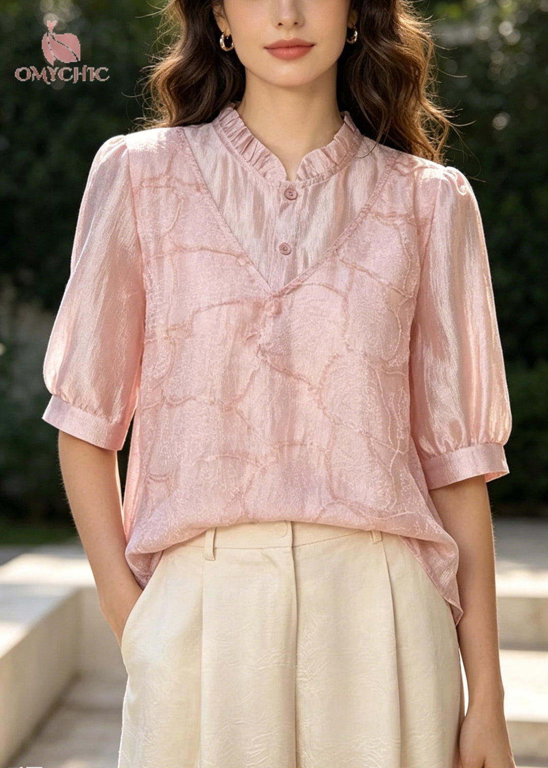Style Pink Embroidered U Neck Silk Fake Two Piece Shirt Top Summer