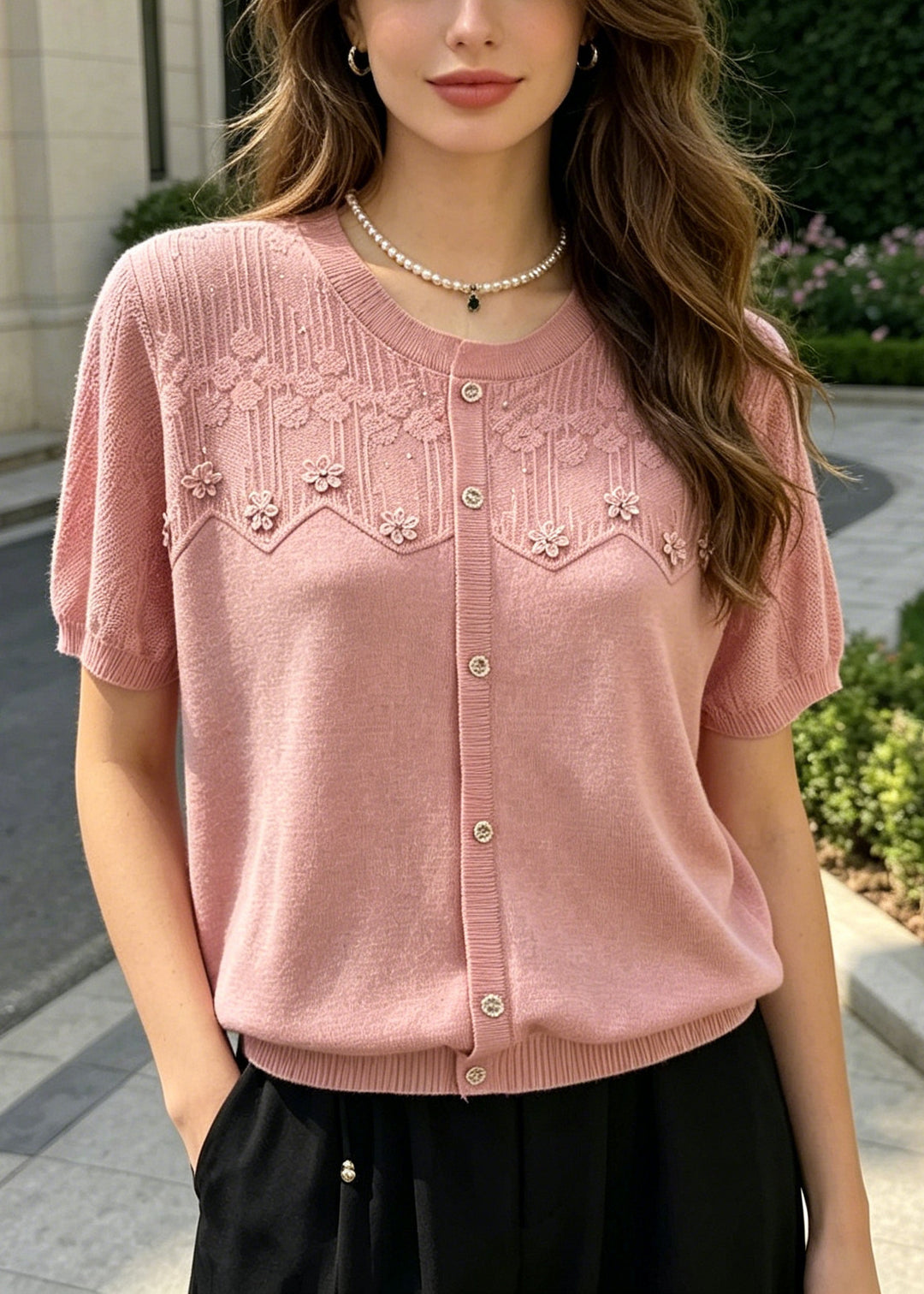 Style Pink O-Neck Patchwork Flower Knit Top Summer