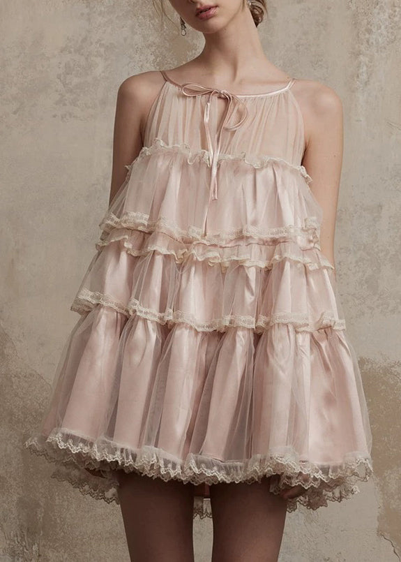 Style Pink O-Neck Ruffled Lace Patchwork Tulle Mid Dress Summer