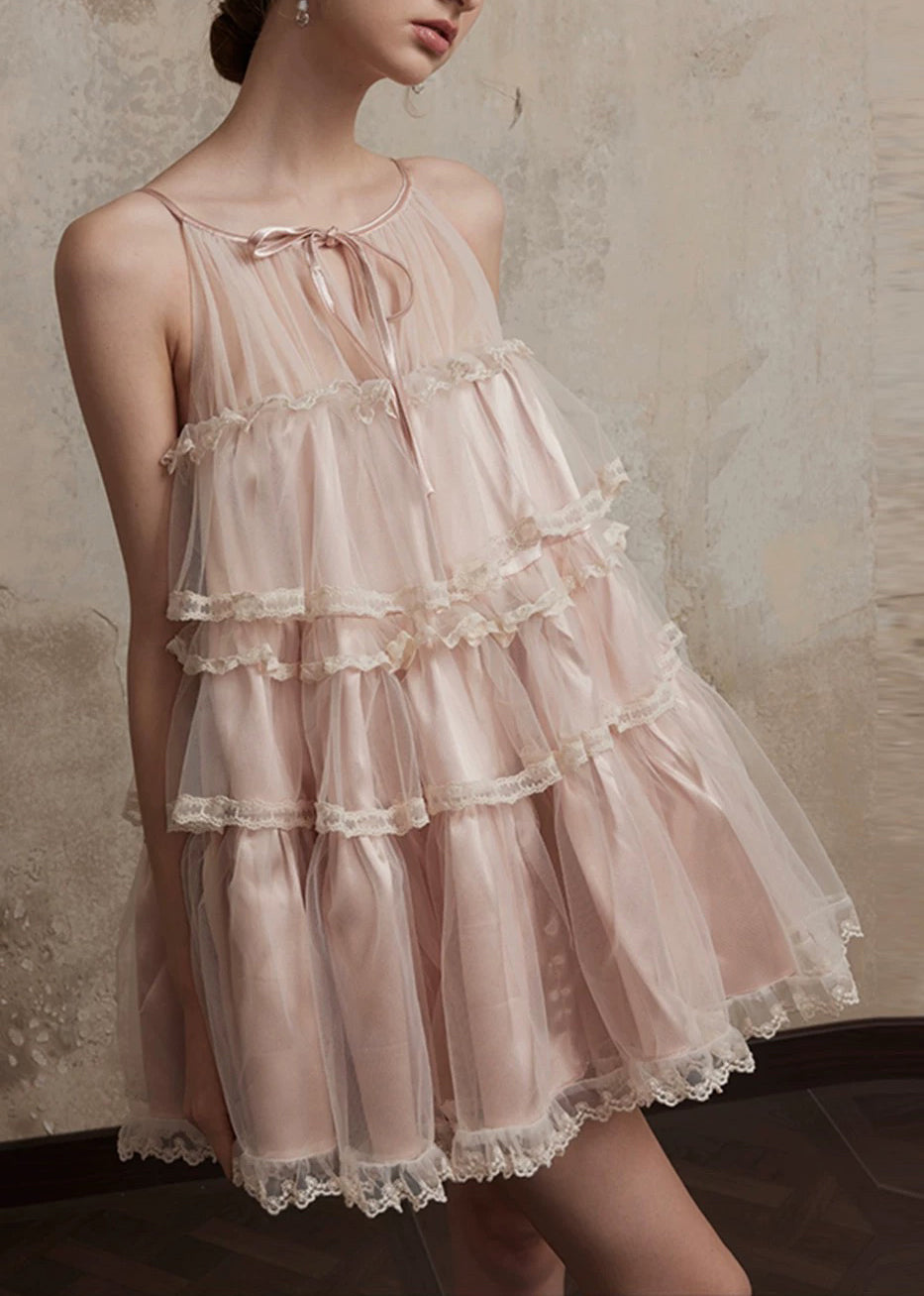 Style Pink O-Neck Ruffled Lace Patchwork Tulle Mid Dress Summer