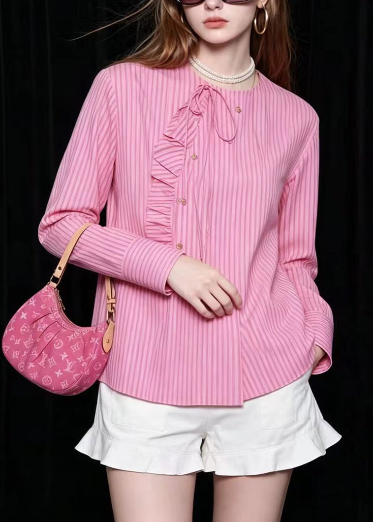 Style Pink O-Neck Ruffled Striped Shirts Long Sleeve