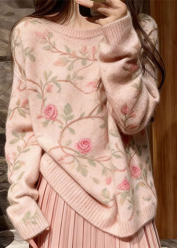 Style Pink O Neck Thick Floral Knit Sweater Tops Winter