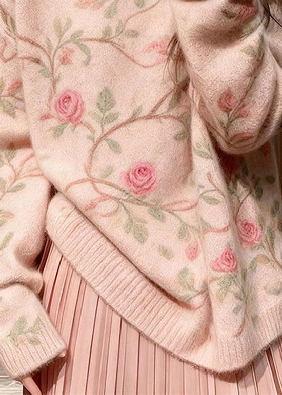 Style Pink O Neck Thick Floral Knit Sweater Tops Winter
