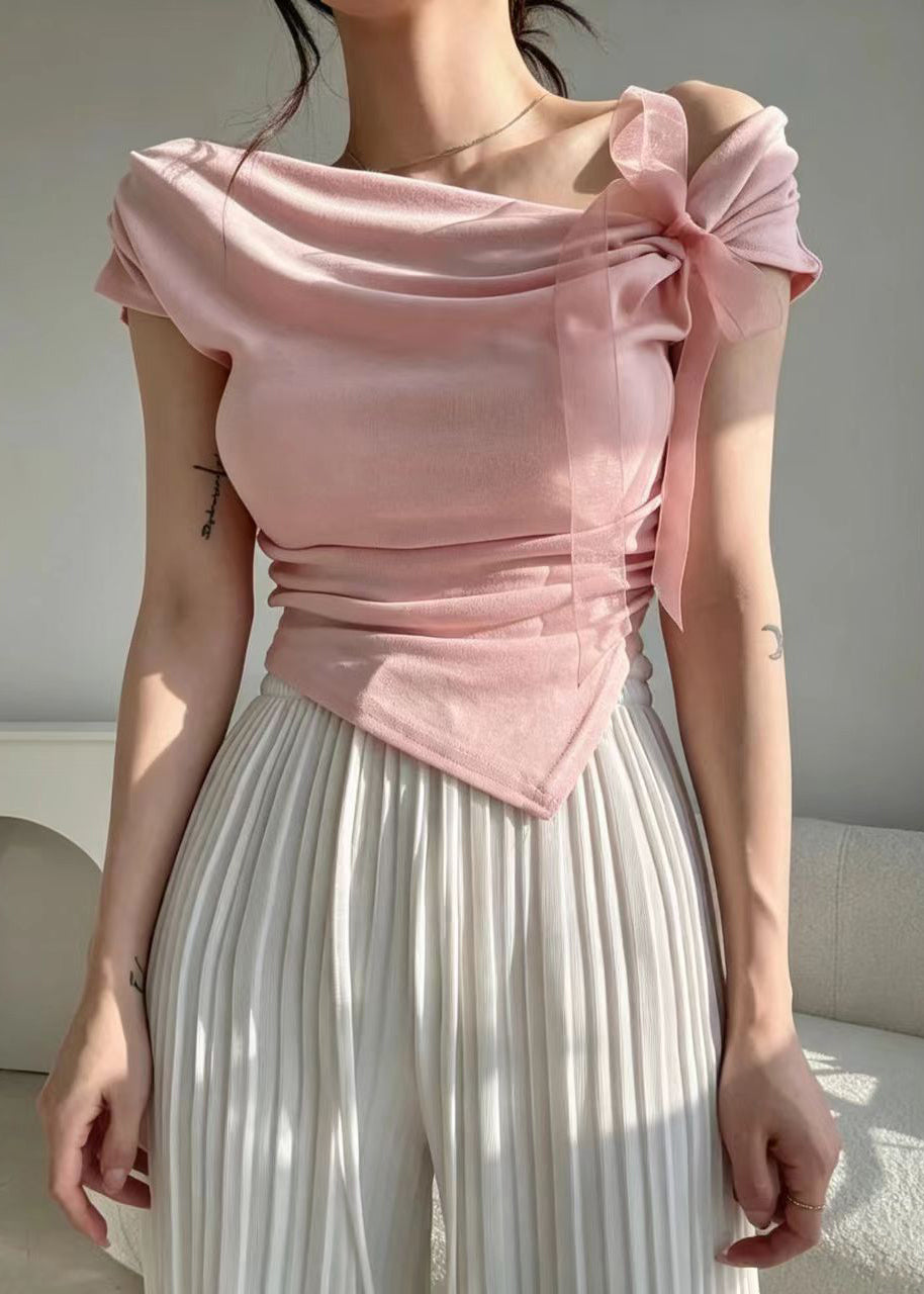 Style Pink One Shoulder Bow Asymmetrical Shirt Short Sleeve