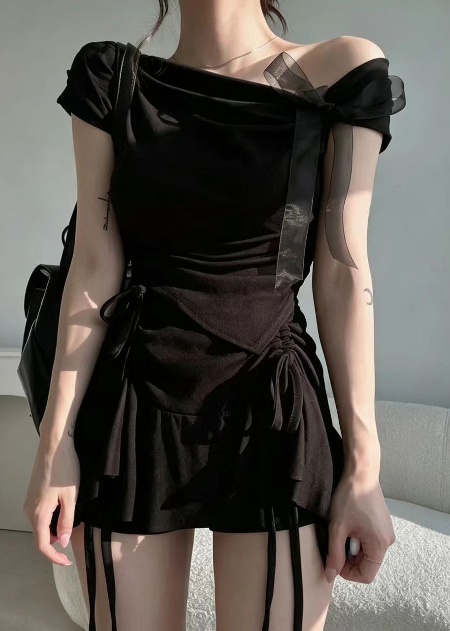 Style Pink One Shoulder Bow Asymmetrical Shirt Short Sleeve