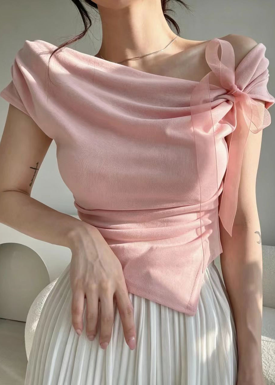 Style Pink One Shoulder Bow Asymmetrical Shirt Short Sleeve