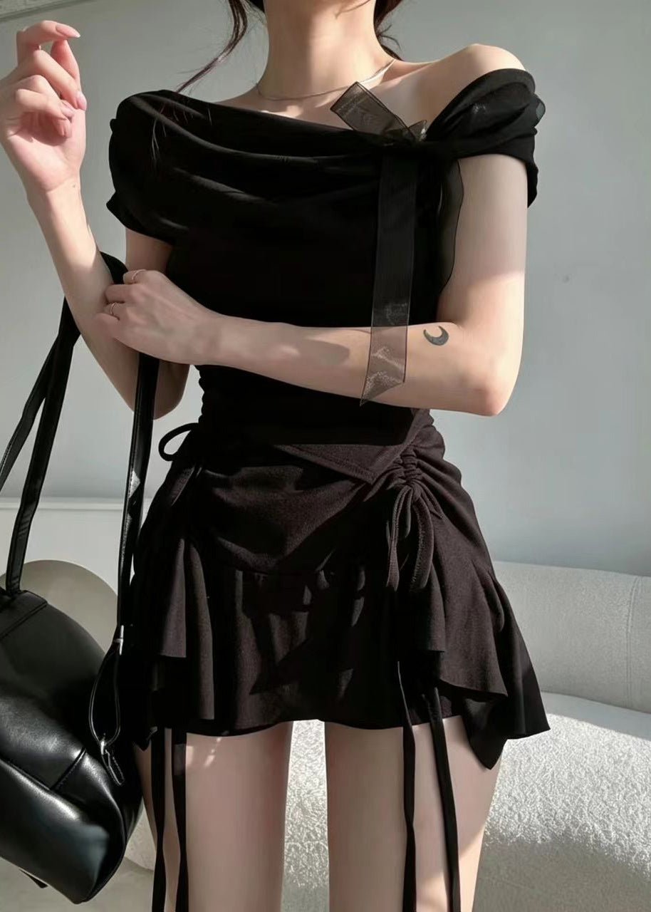Style Pink One Shoulder Bow Asymmetrical Shirt Short Sleeve