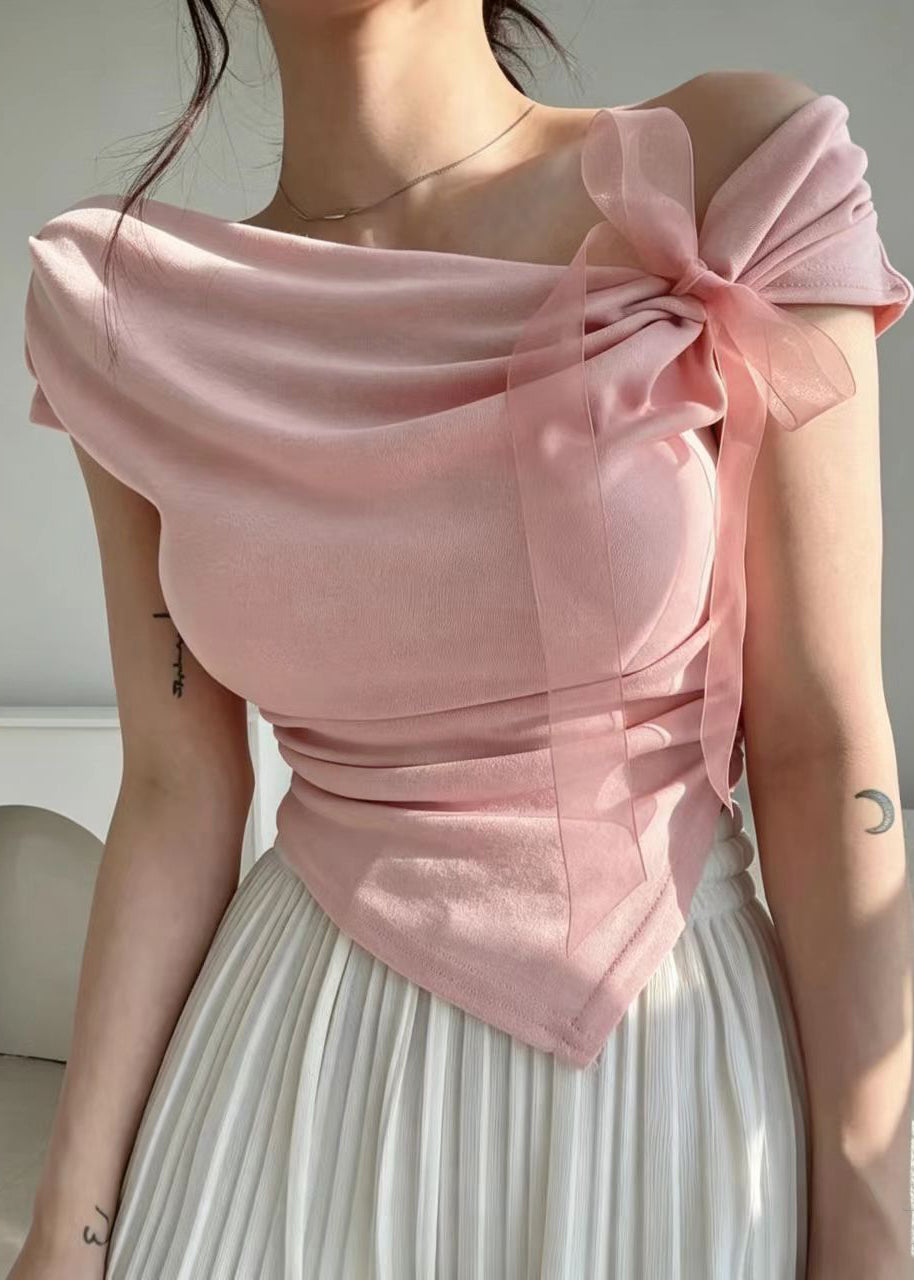 Style Pink One Shoulder Bow Asymmetrical Shirt Short Sleeve